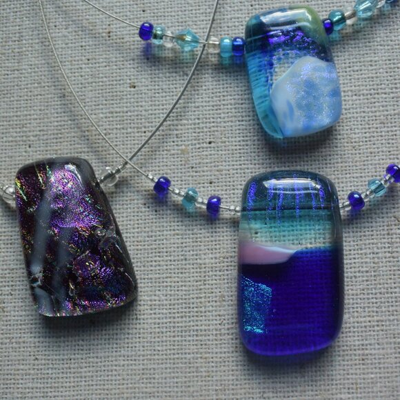 3 Dichroic Fused Glass Pendant Choker Necklaces Handcrafted - Picture 2 of 9